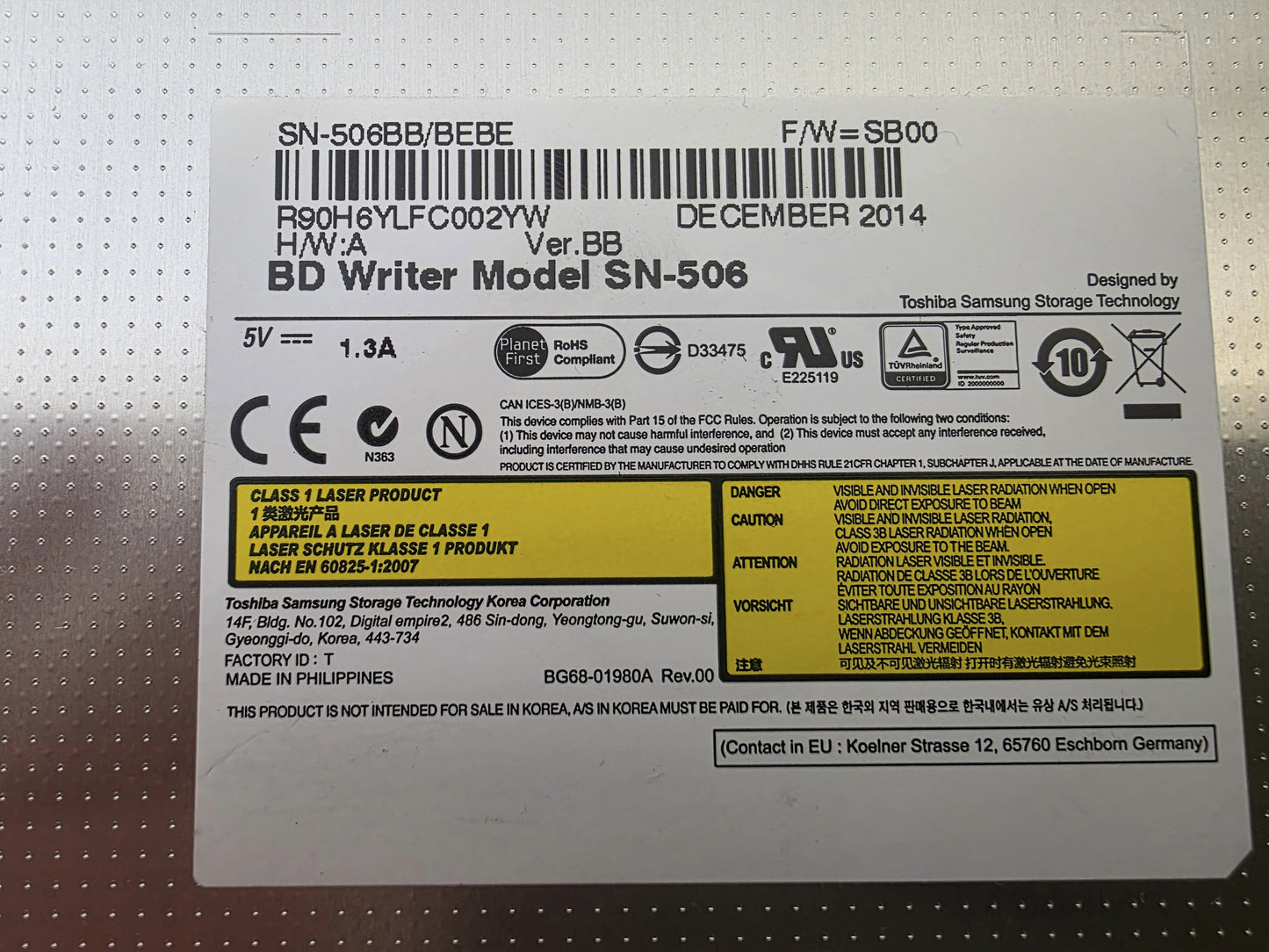 Toshiba Samsung SN-506 Bluray Writer Slim SATA Optical Drive SN-506BB/BEBE