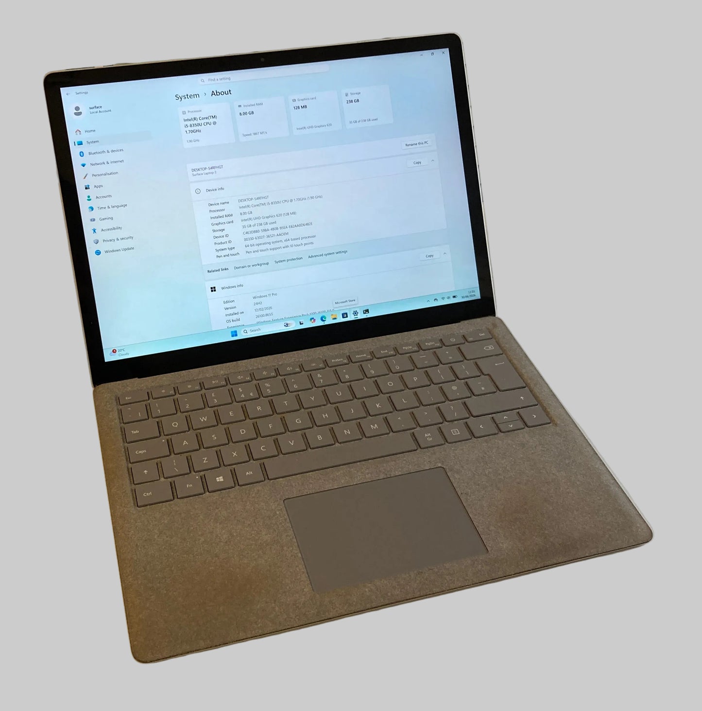 Microsoft Surface Laptop 2 i5-8350U 8GB RAM 256GB SSD 13.5” Windows 11 Low Battery