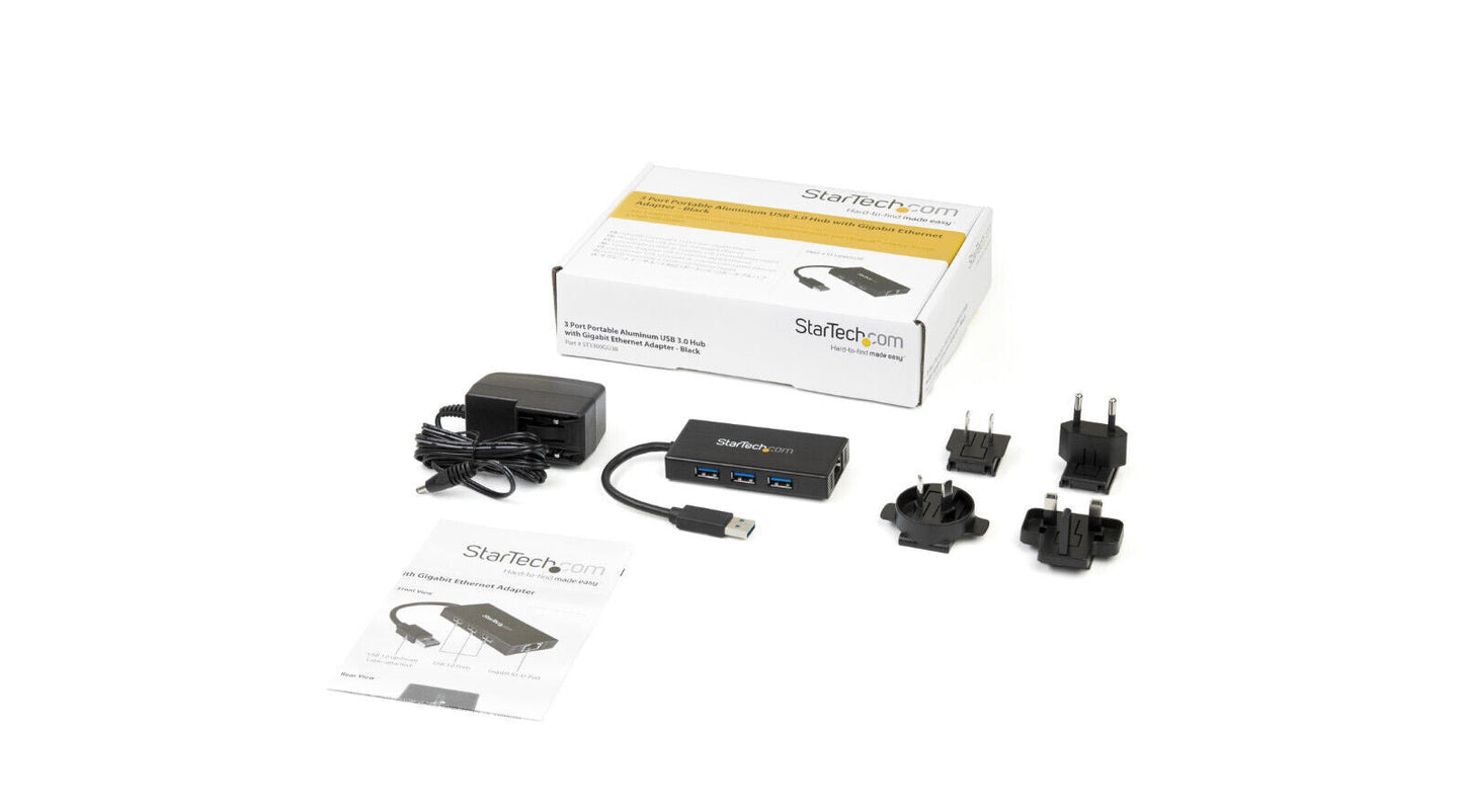 StarTech 3 Port Aluminium USB 3.0 Hub with Gigabit Ethernet Adapter ST3300GU3B